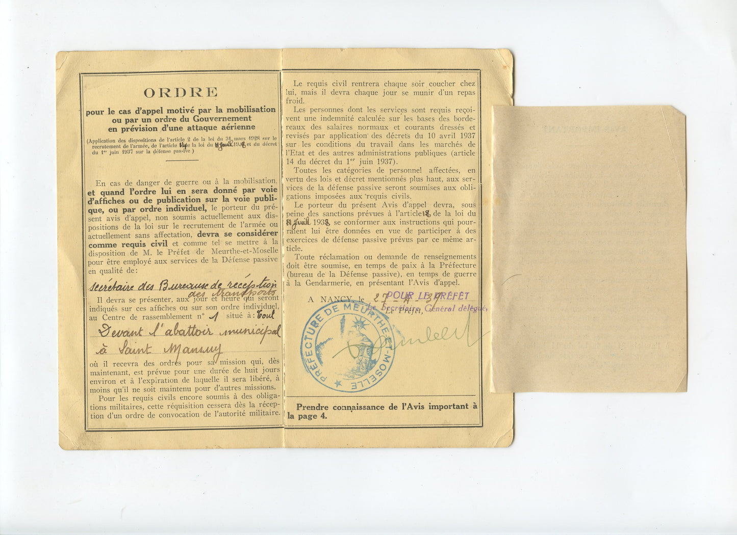 avis d'appel Defense passive de Meurthe et Moselle, document à insérer dans la livret militaire