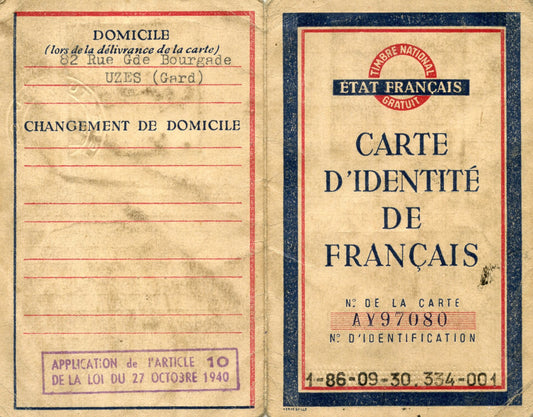 carte d'identité Etat Français Nîmes 1943