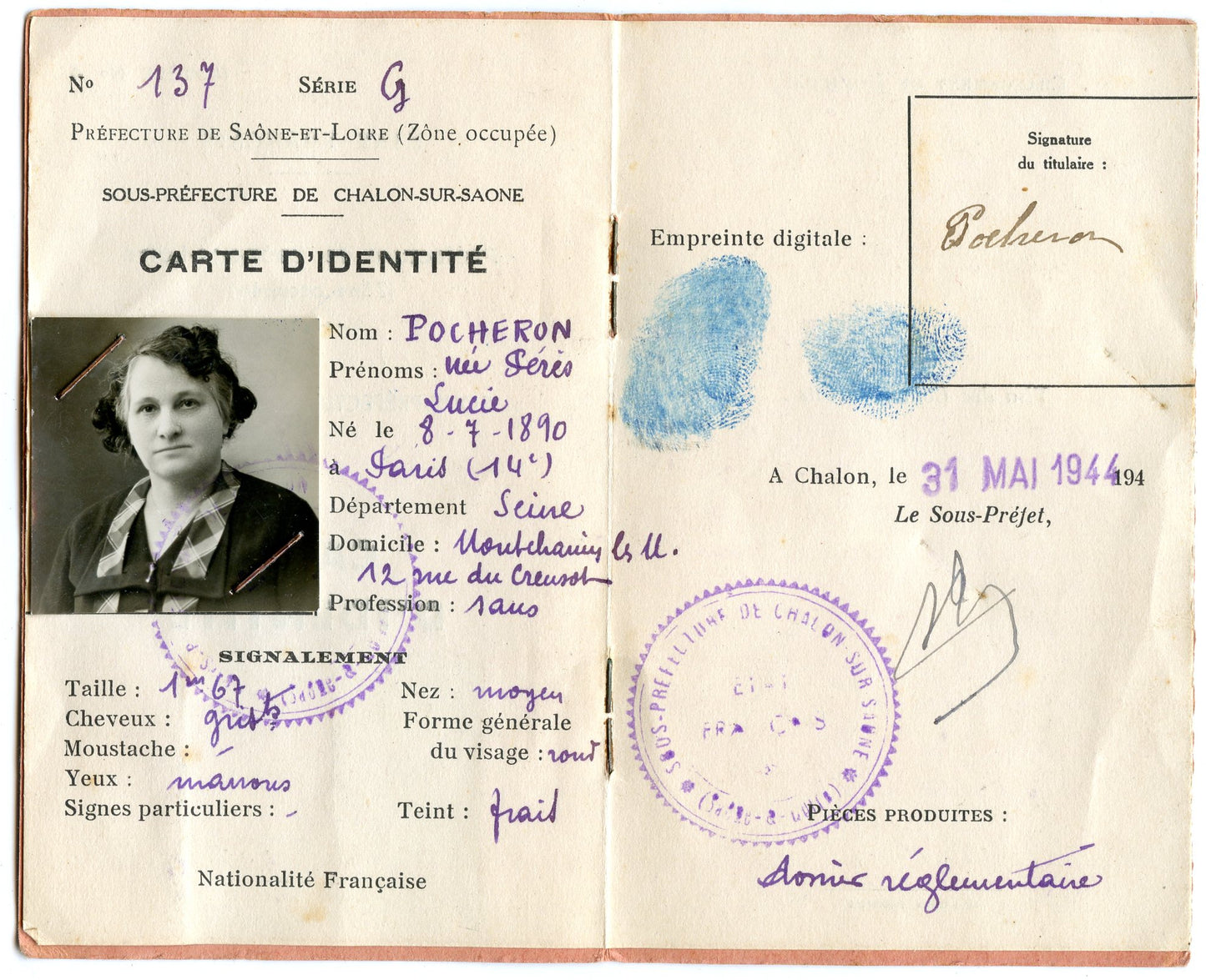 carte d'identité Etat Français Saône et Loire (zone Occupée) 1944