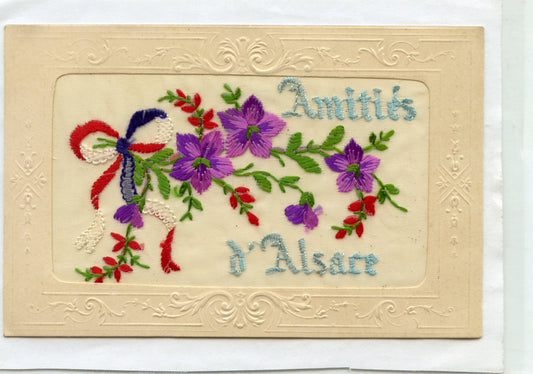 carte postale brodée amitiés d'Alsace 1914-1918