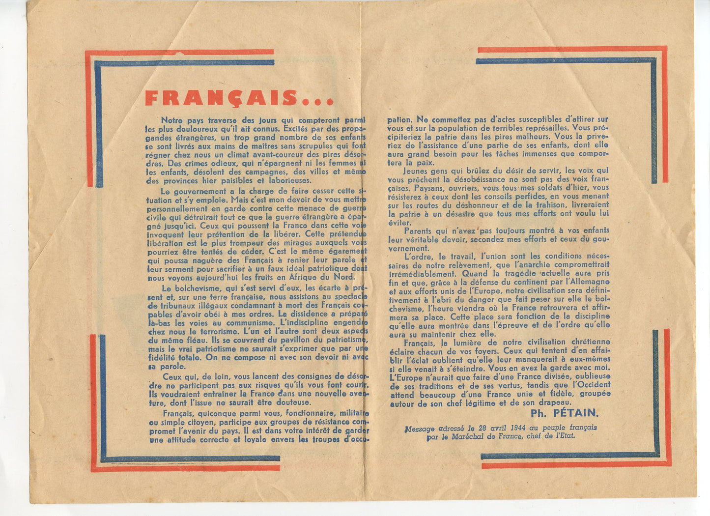 tract discours du Maréchal Pétain 28 avril 1944,  Vichy, Etat Français