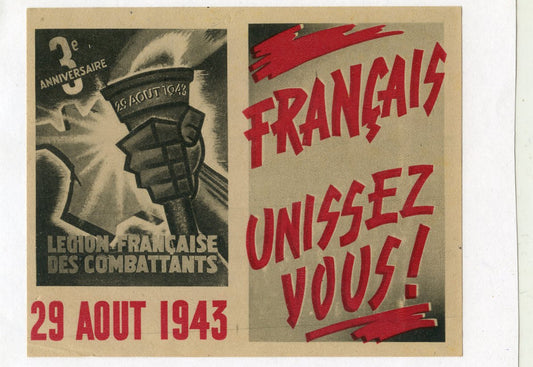 tract 3° anniversaire légion française des combattants, Vichy Etat Français 1943