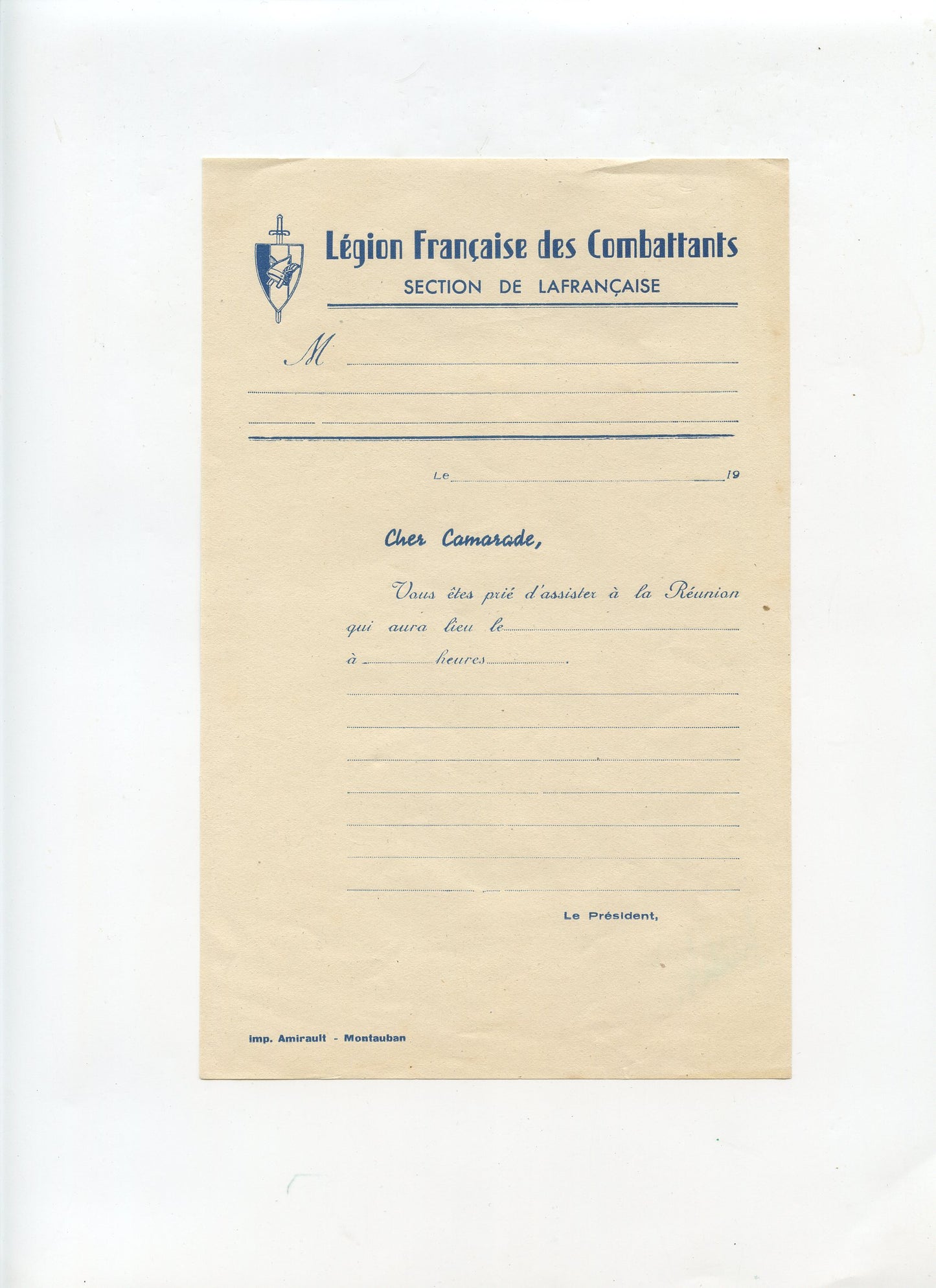 feuille de convocation Légion française des combattants section de Lafrançaise Etat Français plié en 2 1939-45