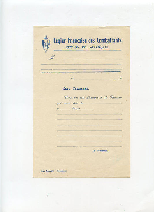 feuille de convocation Légion française des combattants section de Lafrançaise Etat Français plié en 2 1939-45