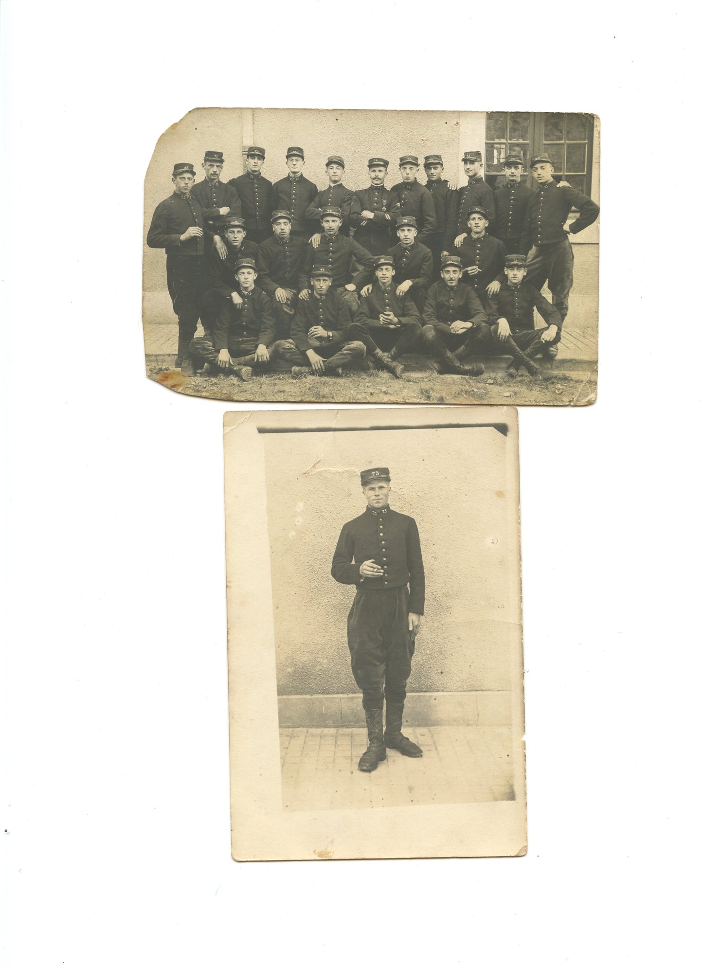 2 cartes photos d'un groupe et d'un soldat du 73° rgt d'infanterie vers 1914-15 Bethune