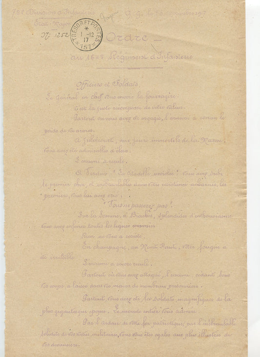 ordre du jour fait par la 72°DI pour le 164°RI combats de Verdun Aisne..1914-1918