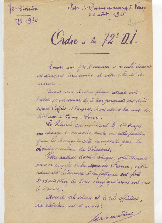 ordre de la 72°DI recul de l'ennemi Aisne aout 1918 1914-1918