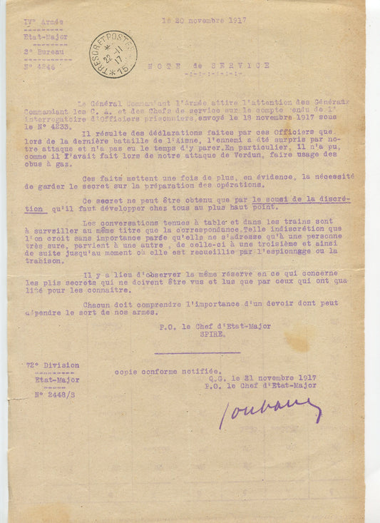 note de service sur le secret dans les conversations novembre 1917, 72°DI 1914-1918