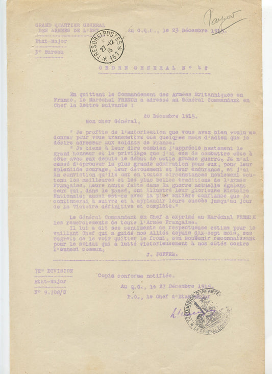 ordre général du général Joffre décembre  1915, fait par la 72° division Verdun 1914-1918