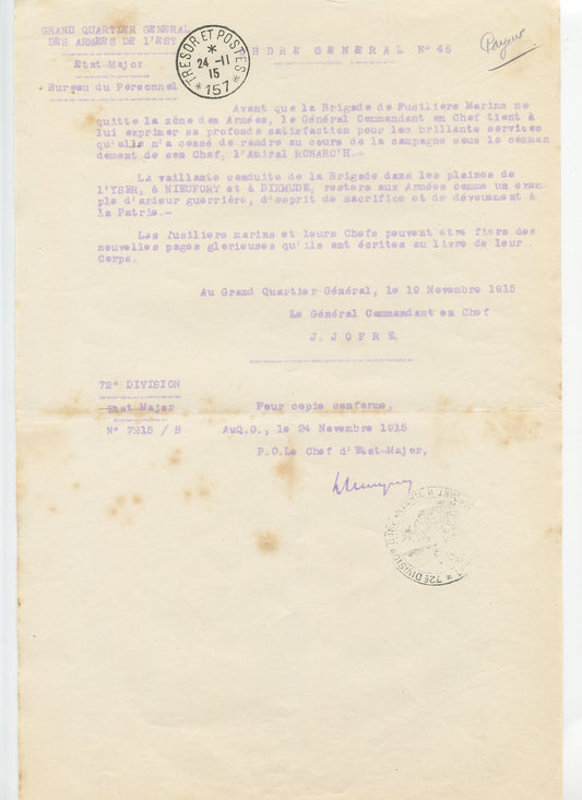ordre général du général Joffre novembre 1915, brigade des fusiliers marins fait par la 72° division Verdun 1914-1918