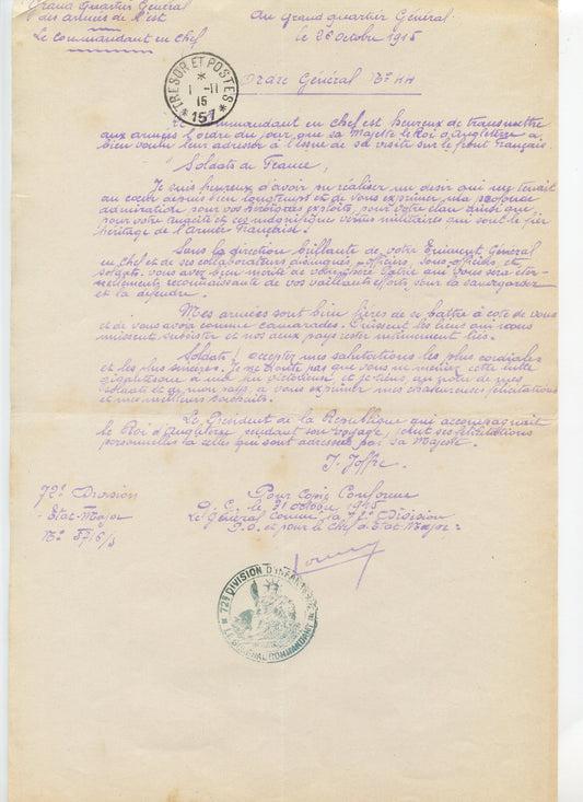 ordre général du général Joffre octobre 1915, fait par la 72° division Verdun 1914-1918