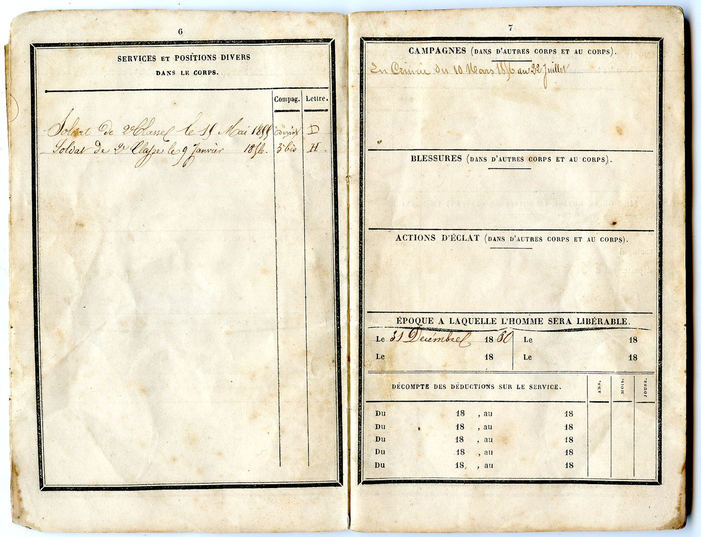 livret militaire train des équipages second empire campagne de Crimée, manque pages 3et 4