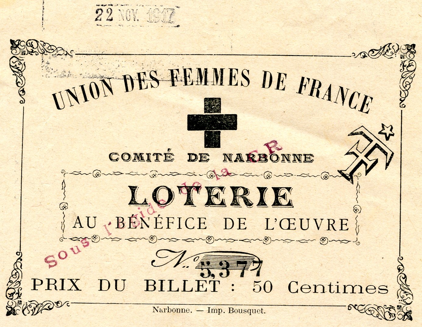 ticket de loterie comité de Narbonne 14-18, croix rouge UFF