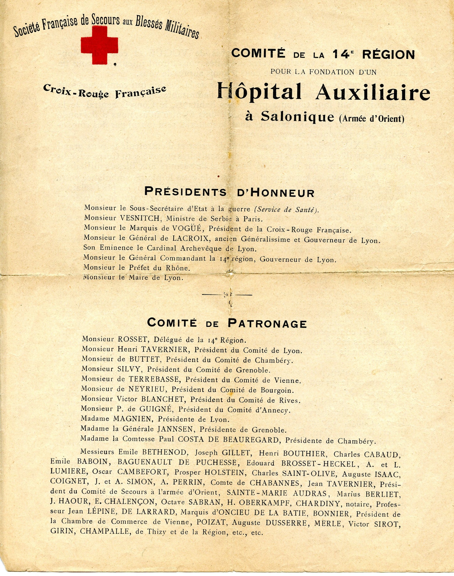 document fondation hôpital auxiliaire à Salonique 14-18, croix rouge SSBM