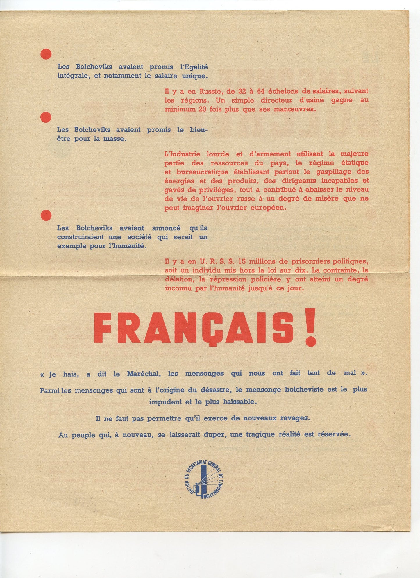 tract le mensonge Bolchévique, Vichy, Etat Français