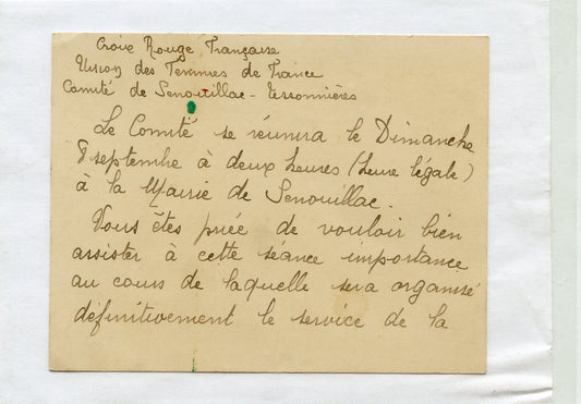 carte convocation croix rouge Union des Femmes de France, Senouillac Tarn, 1918