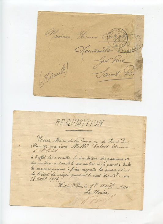 réquisition et enveloppe pour Mr Calvet de ST Pons état de siège 1914