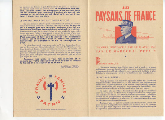 tract discours aux paysans du maréchal Pétain 1941, Vichy, Etat Français