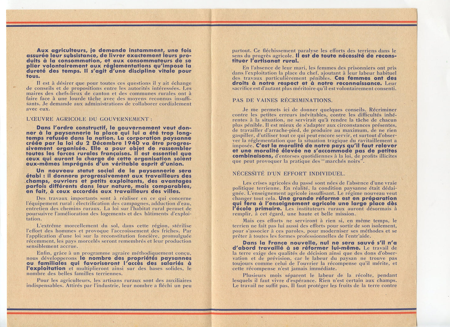 tract discours aux paysans du maréchal Pétain 1941, Vichy, Etat Français