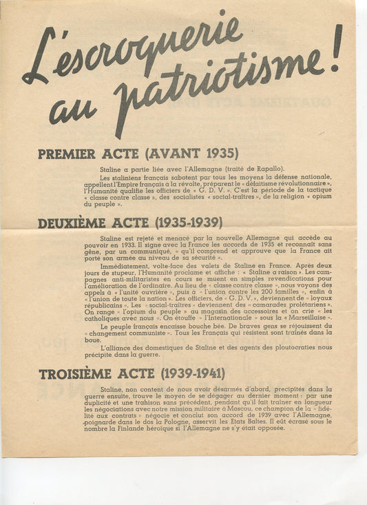 tract l'escroquerie au patriotisme 1941, Vichy, Etat Français