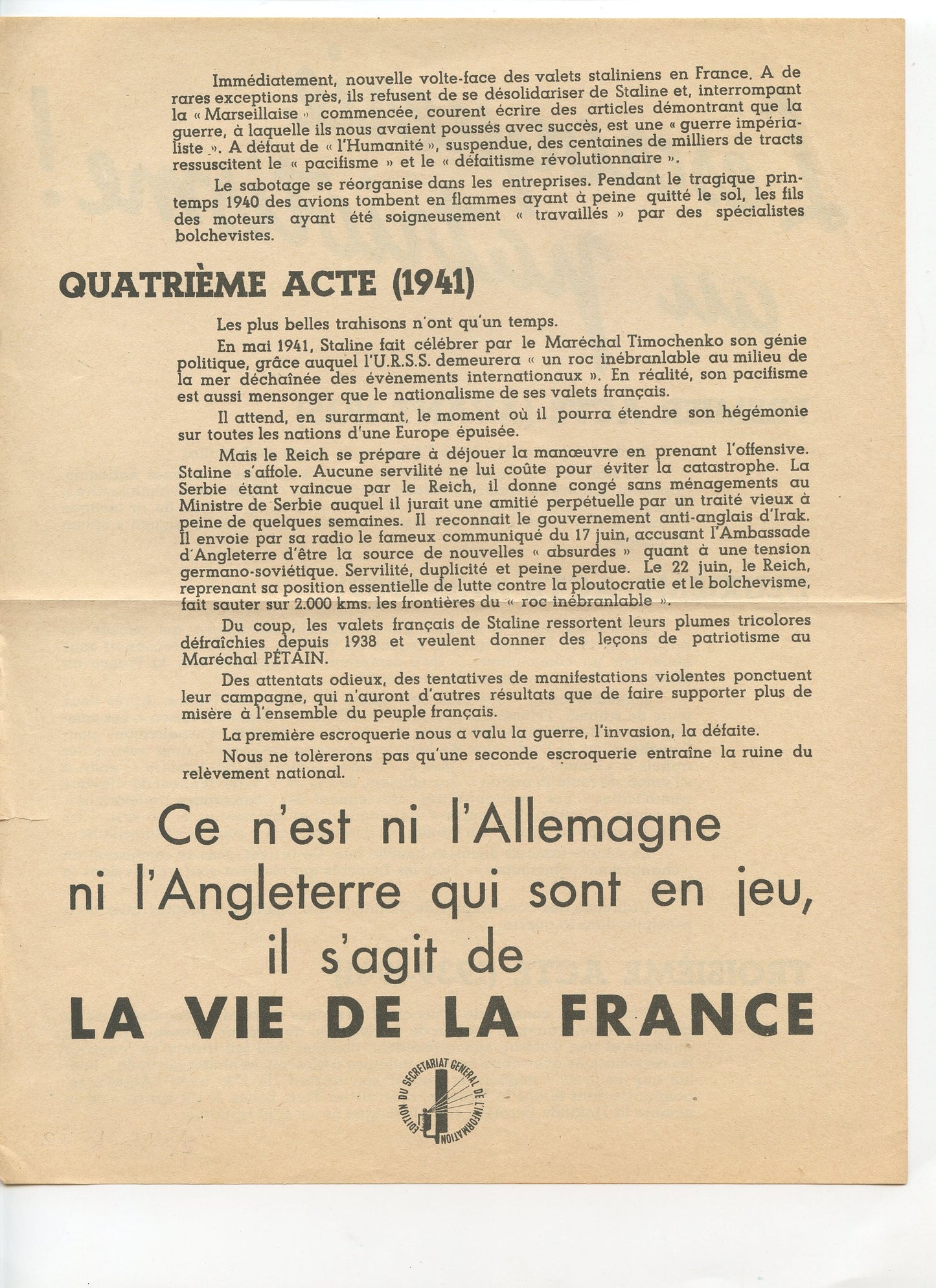 tract l'escroquerie au patriotisme 1941, Vichy, Etat Français