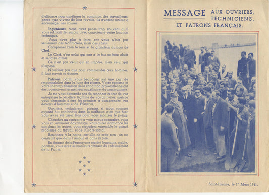 message aux ouvriers, techniciens et patrons, Mal Pétain, Saint Etienne 1941, Vichy, Etat Français