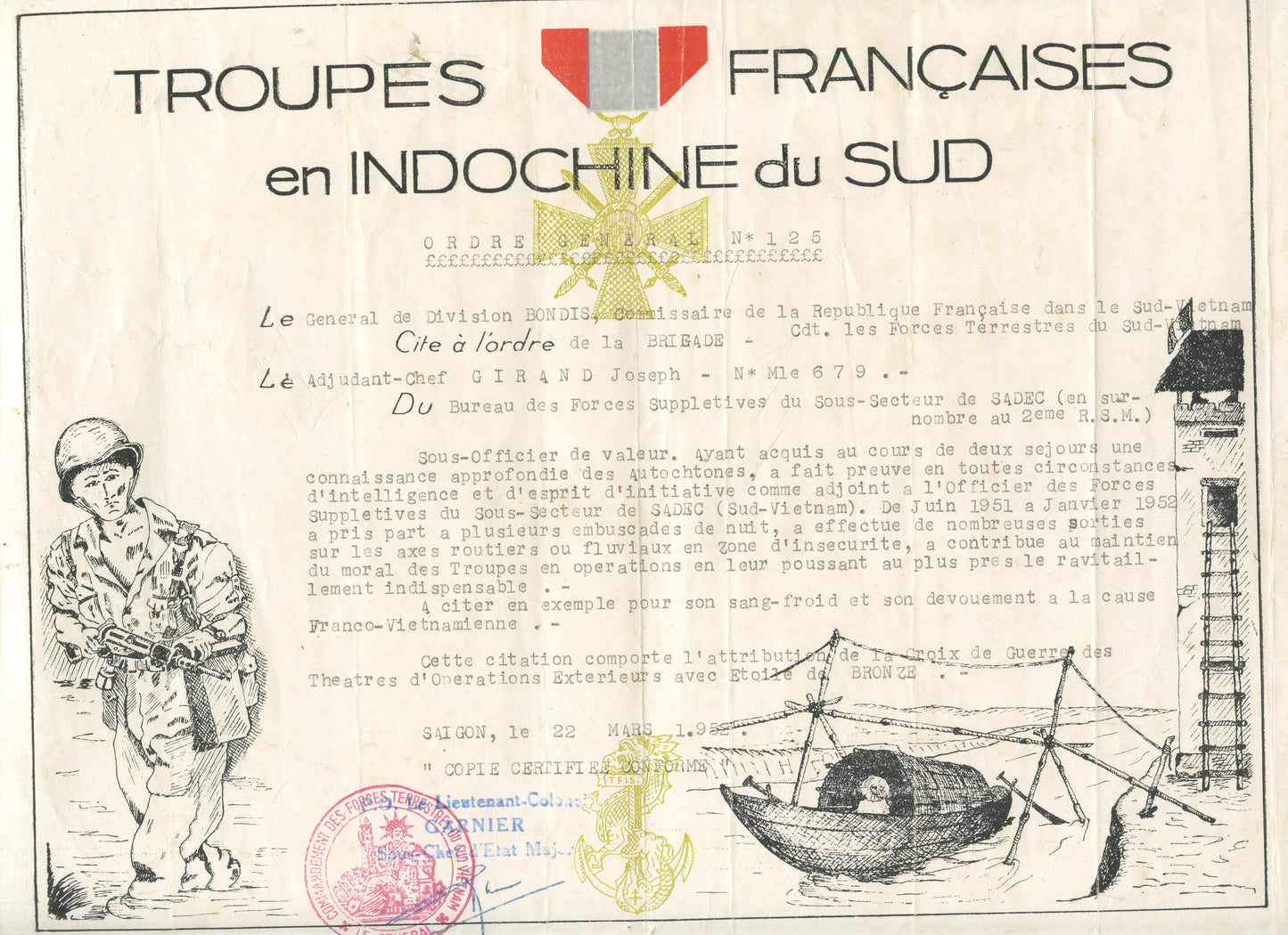 citation d'un adjudant-chef de supplétifs en Indochine 1952