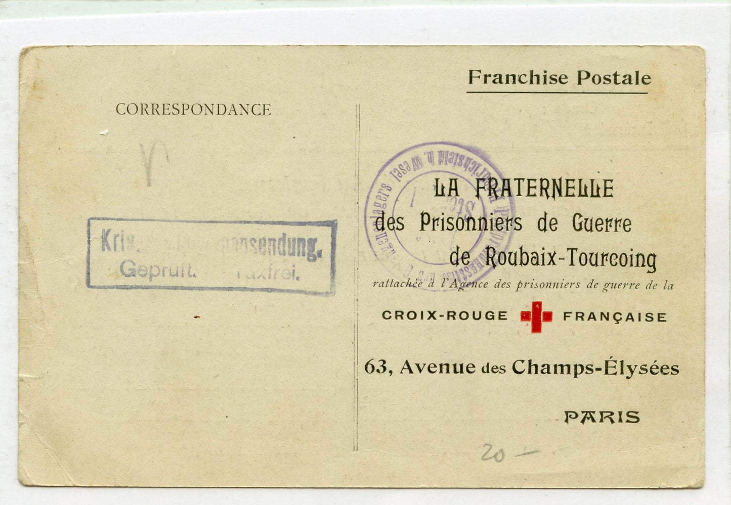 carte fraternelle des prisonniers Roubaix Tourcoing Croix rouge 14-18