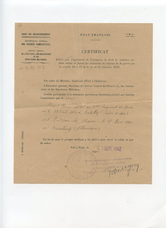 lot de 3 papiers d'un soldat français du 2ème génie mort en captivité en 1941