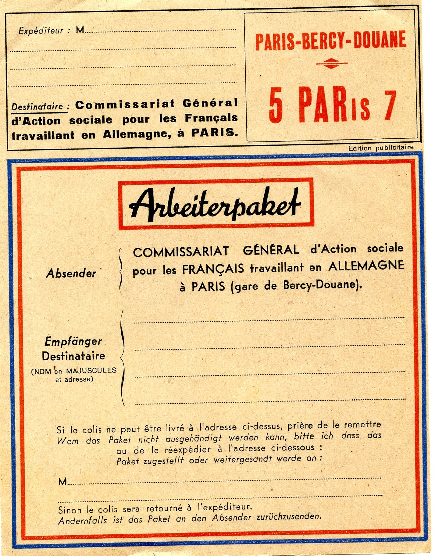 document d'envoi d'un colis pour un travailleur du STO 1939-45