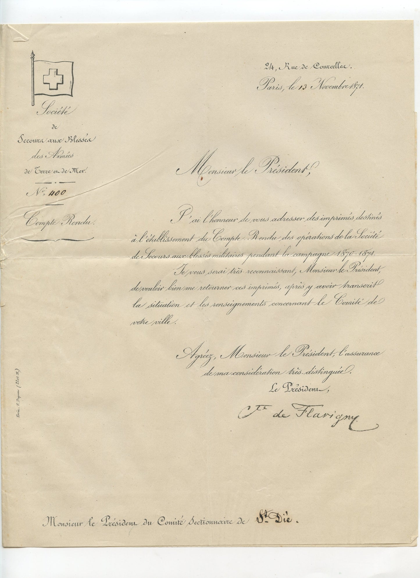 lettre demande de renseignements opérations de la SSBM comité de Saint Dié guerre 1870-71 croix rouge