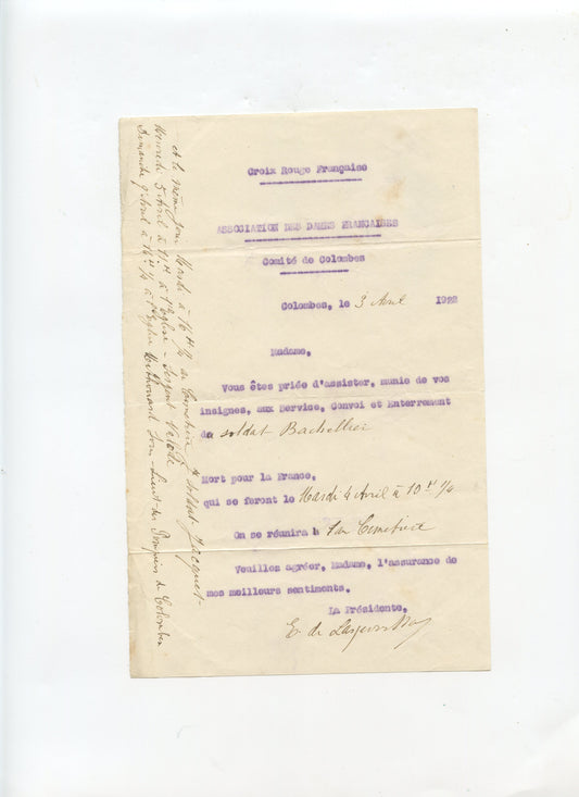 document de la croix rouge avis d'enterrement d'un soldat français Colombes 1914-1918