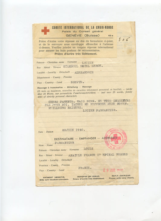 lettre de demande de nouvelles croix rouge 1940 Egypte Vosges