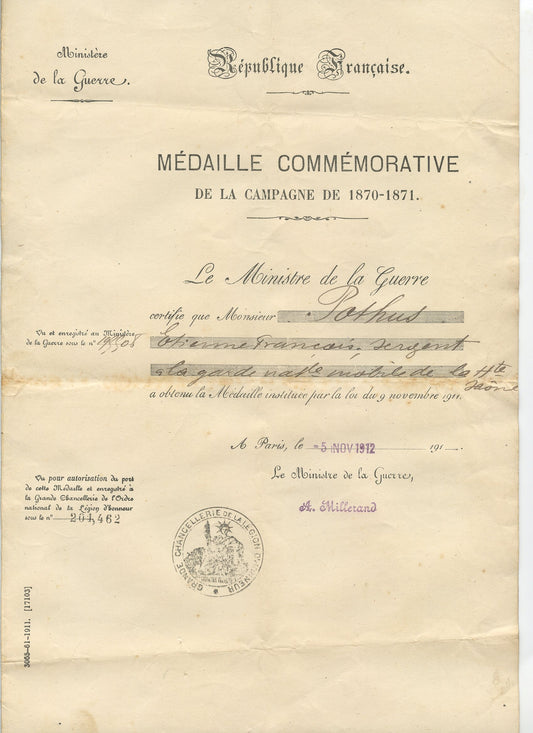 diplôme médaille de la guerre de 1870-71 soldat garde nationale de la Haute Saône