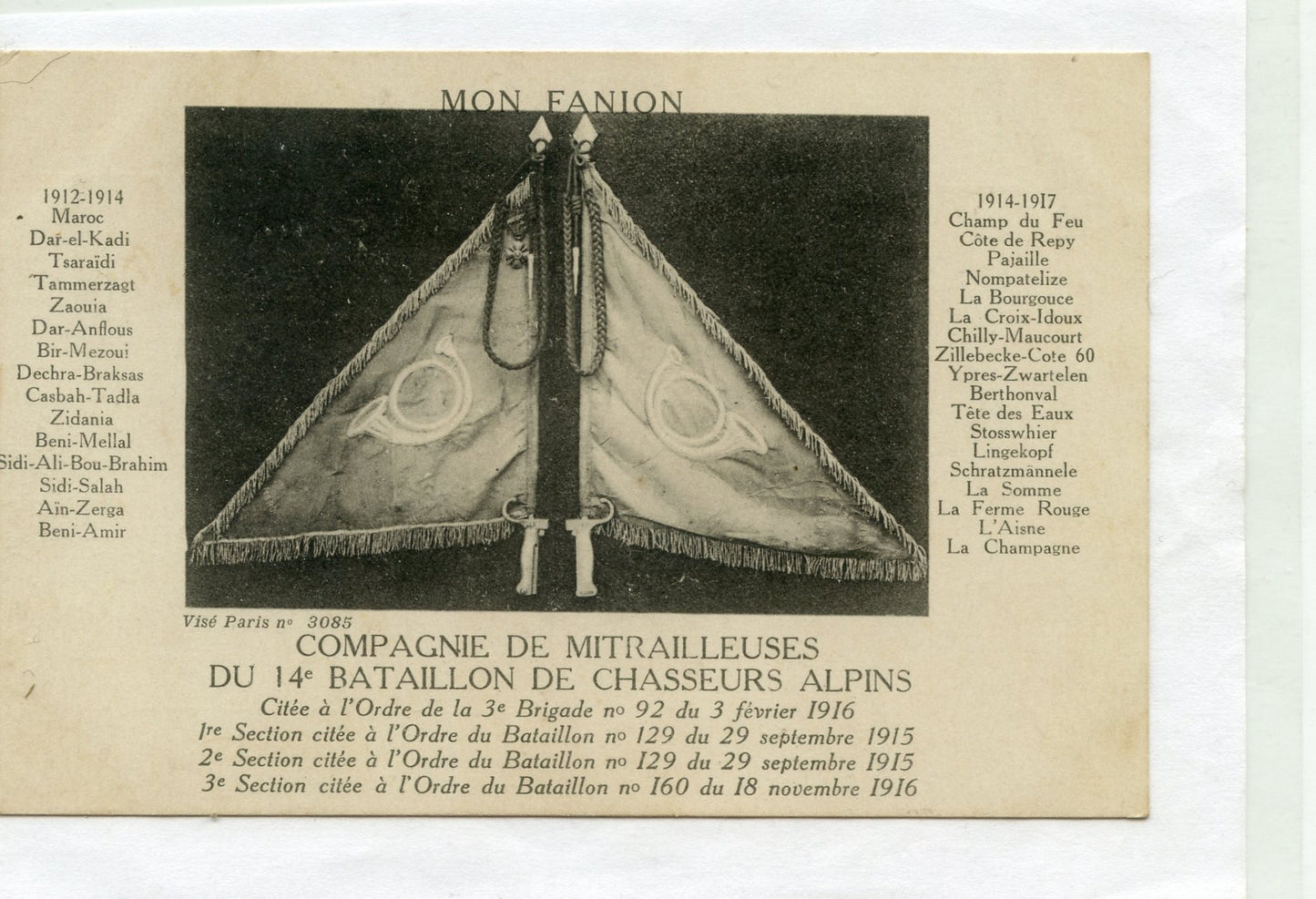 carte postale fanion cie de mitrailleuses du 14° bataillon de chasseurs alpins 1914-18