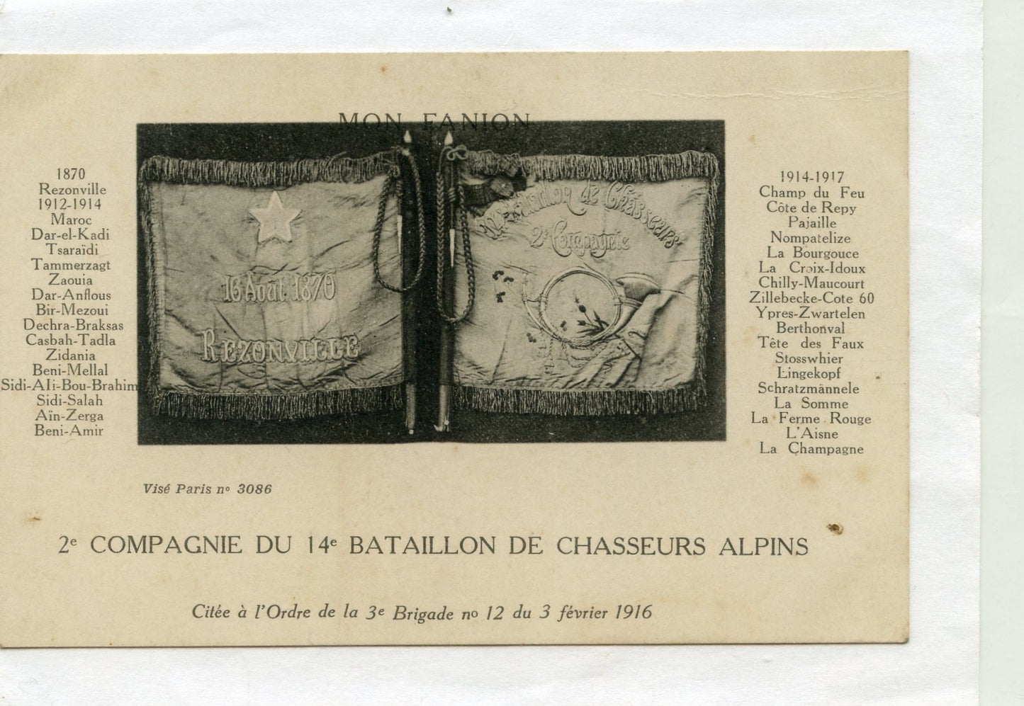 carte postale fanion 2° compagnie du 14° bataillon de chasseurs alpins 1914-18