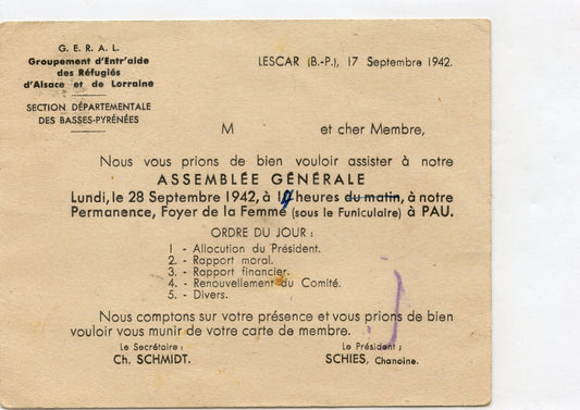 carte envoyée pour l'assemblée générale des réfugiés d'Alsace et de Lorraine Pyrénées, Lescar 1942