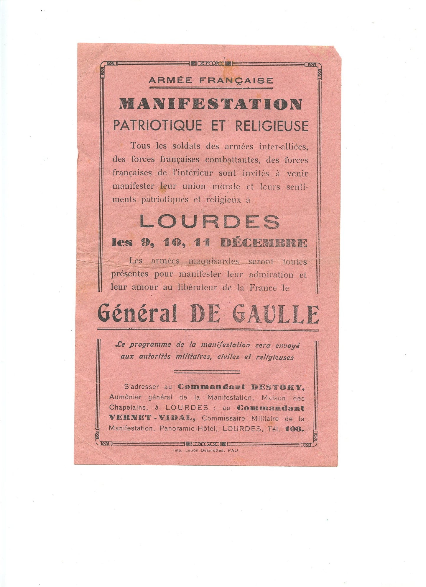 tract cérémonie militaire à Lourdes résistance 1944