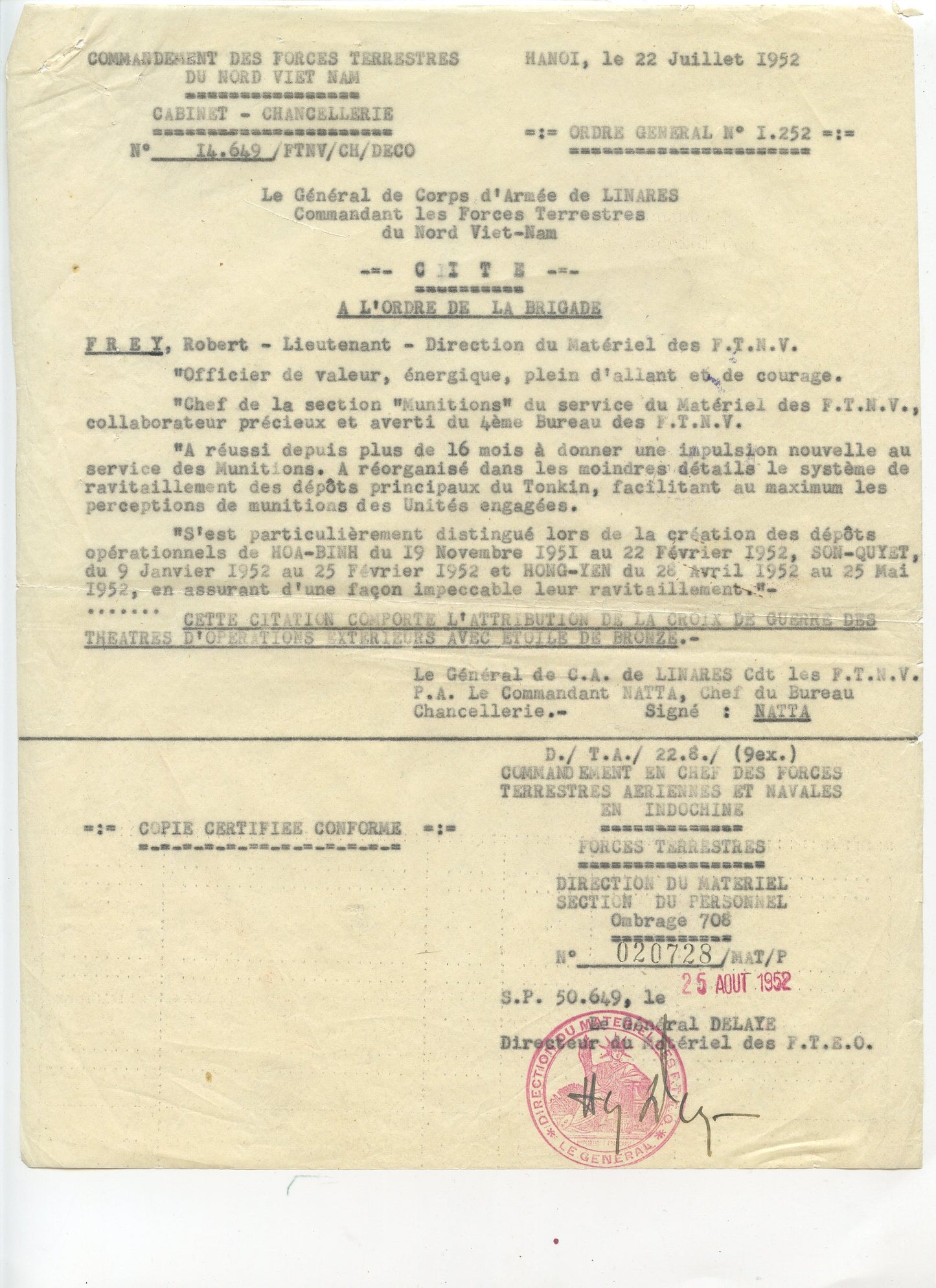 citation guerre d'Indochine et attestation de résistance lieutenant du matériel