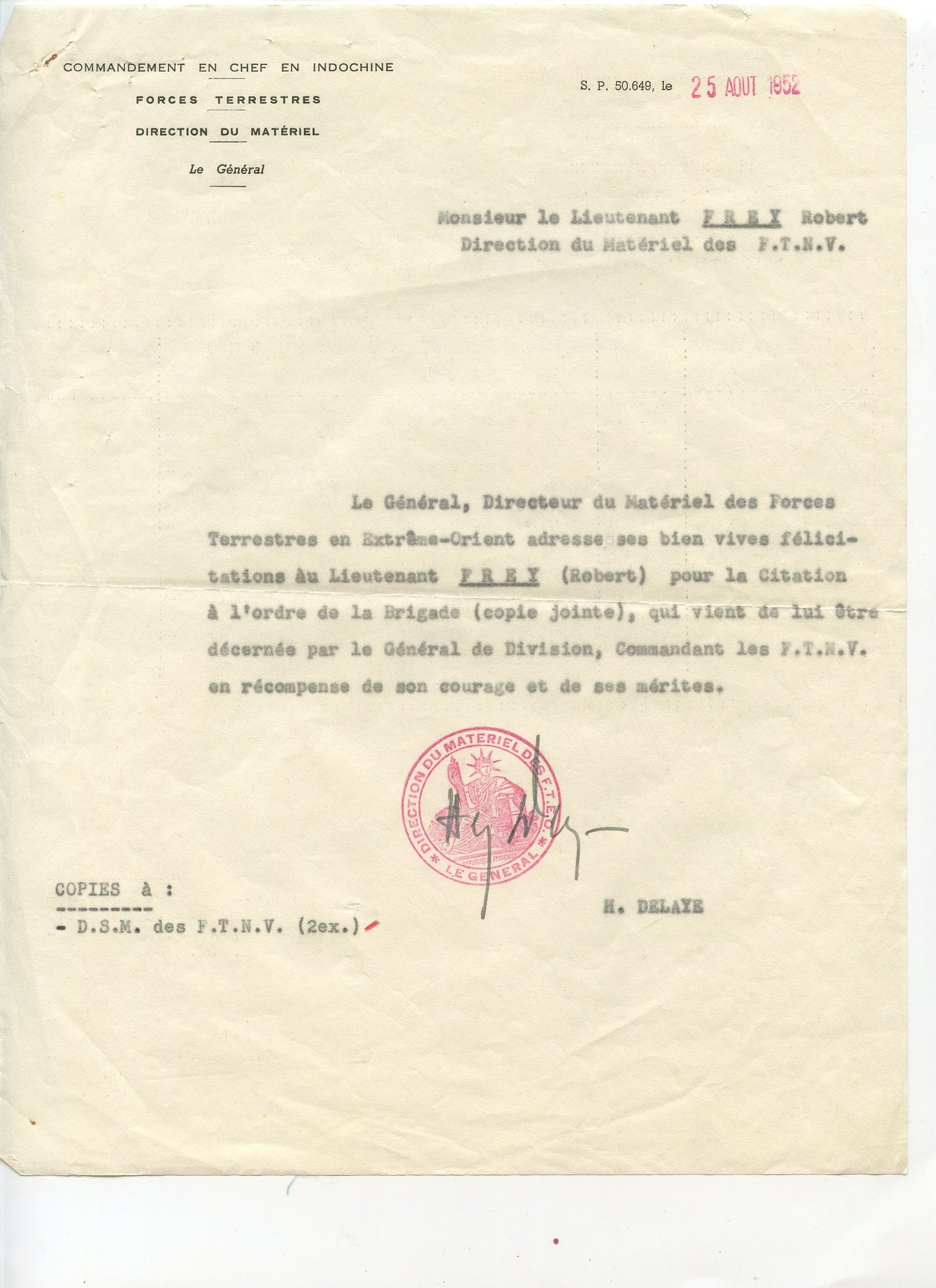 citation guerre d'Indochine et attestation de résistance lieutenant du matériel