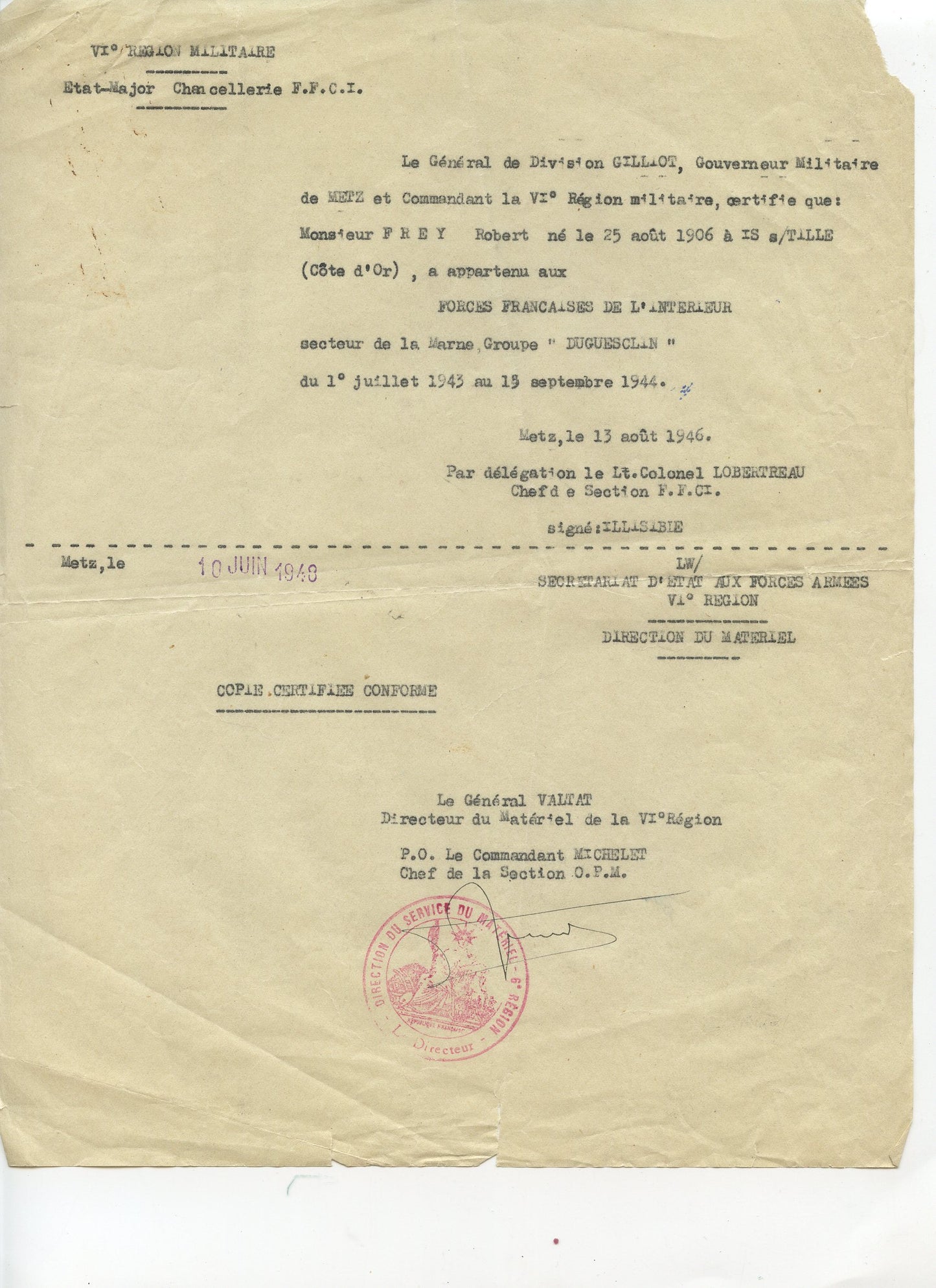 citation guerre d'Indochine et attestation de résistance lieutenant du matériel