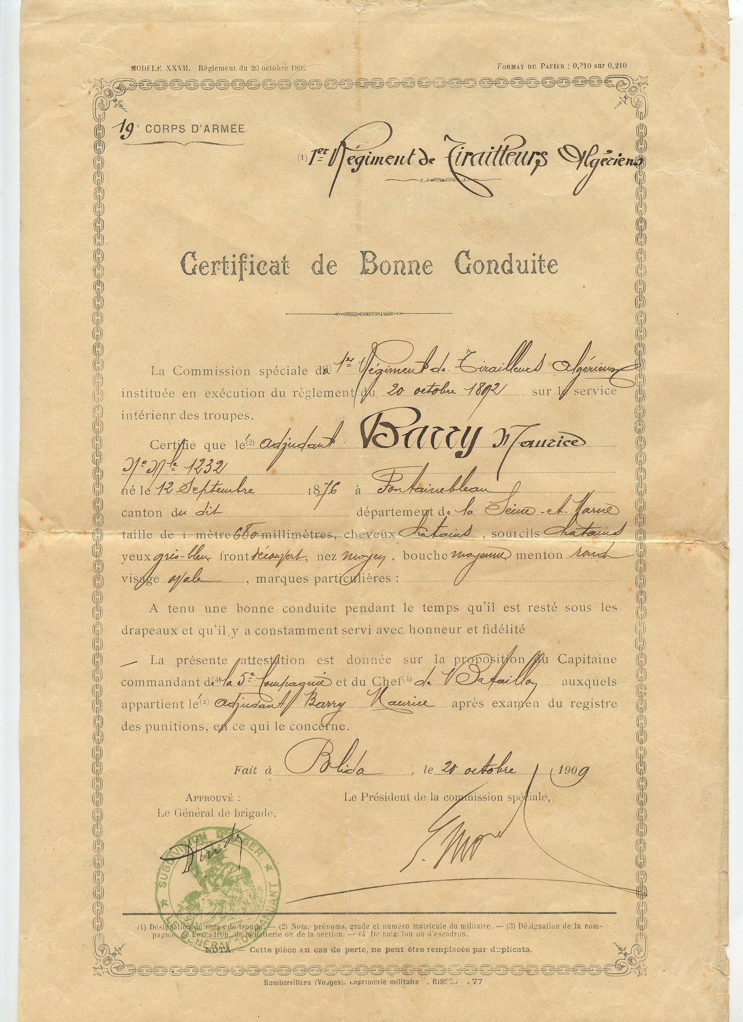 certificat de bonne conduite d'un adjudant du 1° rgt de tirailleurs algériens 1909