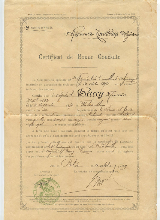 certificat de bonne conduite d'un adjudant du 1° rgt de tirailleurs algériens 1909