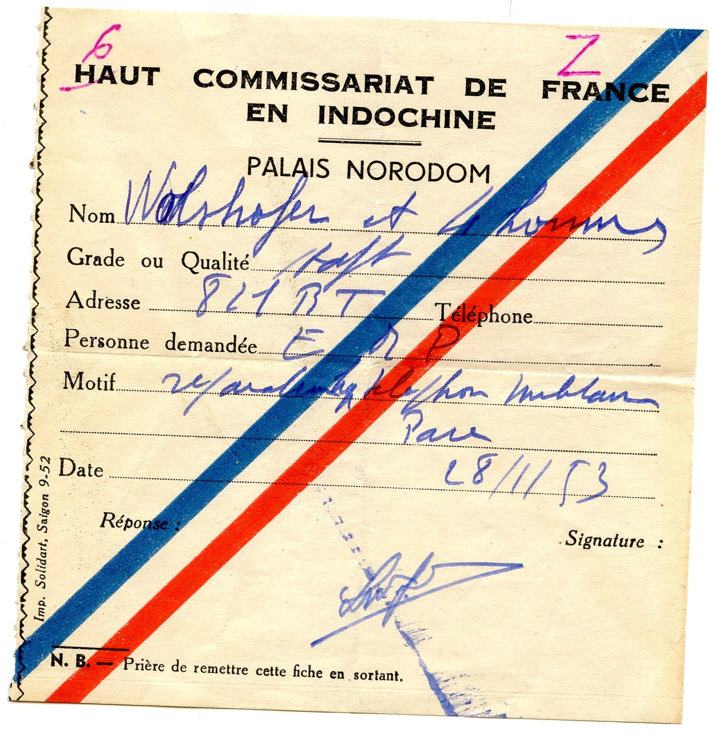 laisser passer haut commissariat de France en Indochine palais Norodom 1953