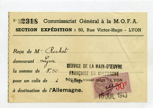 ticket de colis commissariat général main d'œuvre française en Allemagne STO 1943