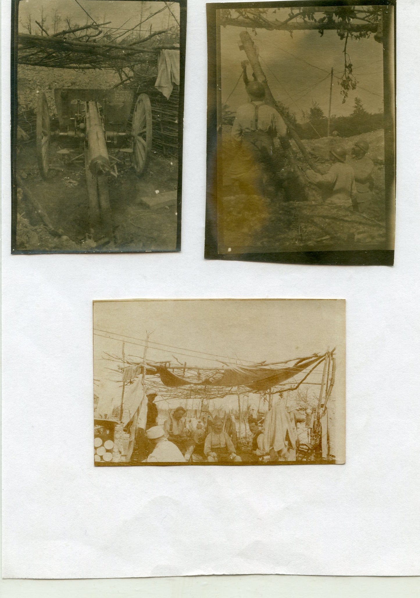 3 petites photos artillerie, abri, canon 1914-1918 6.5 x 4 cm