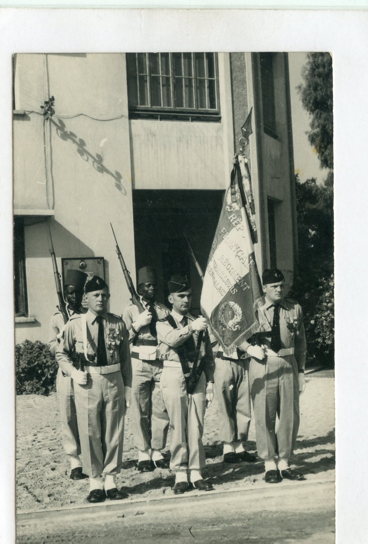 carte photo drapeau et garde du 6° régiment de tirailleurs sénégalais années 50