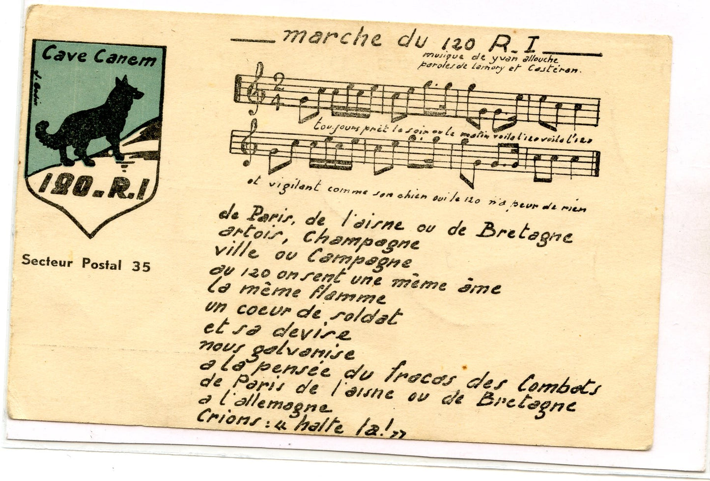 carte postale marche du 120°RI 1939-40 avec insigne