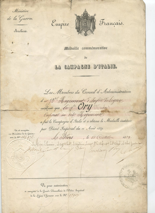 diplome de la médaille d'Italie 1859 caporal 92° RI en état moyen avec sa double page