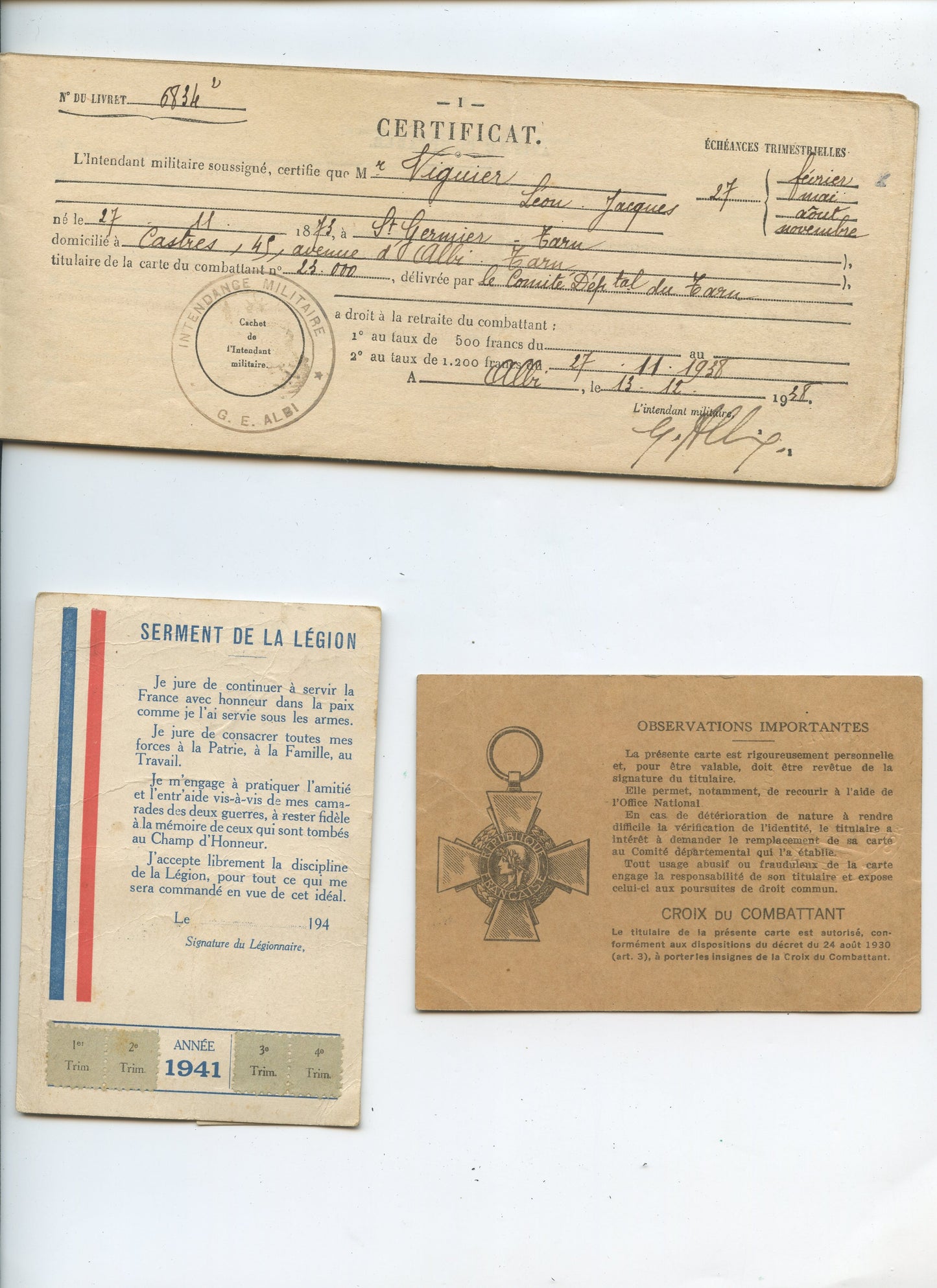 ensemble de papiers d'un poilu dont carte de la Legion Française des combattants Vichy